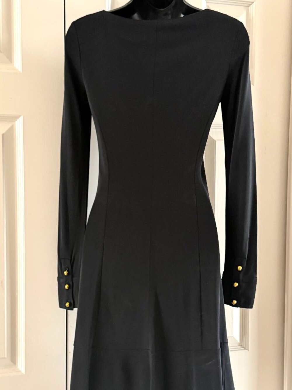 Tory Burch Black Matte Jersey Dress Gold Logo Button Cuff Drop Waist Pleated Hem